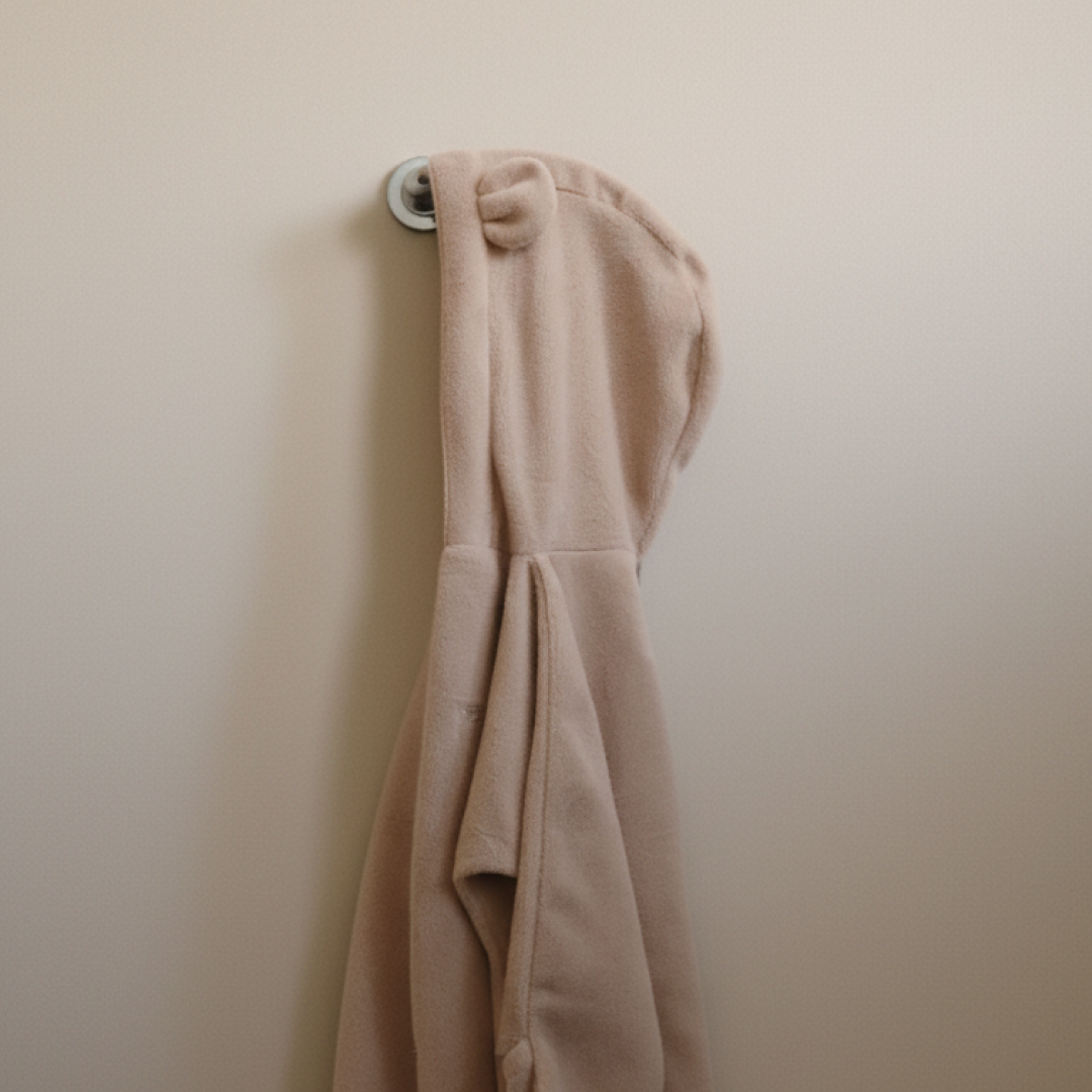 Beige hooded garment hanging on a wall hook against a beige background